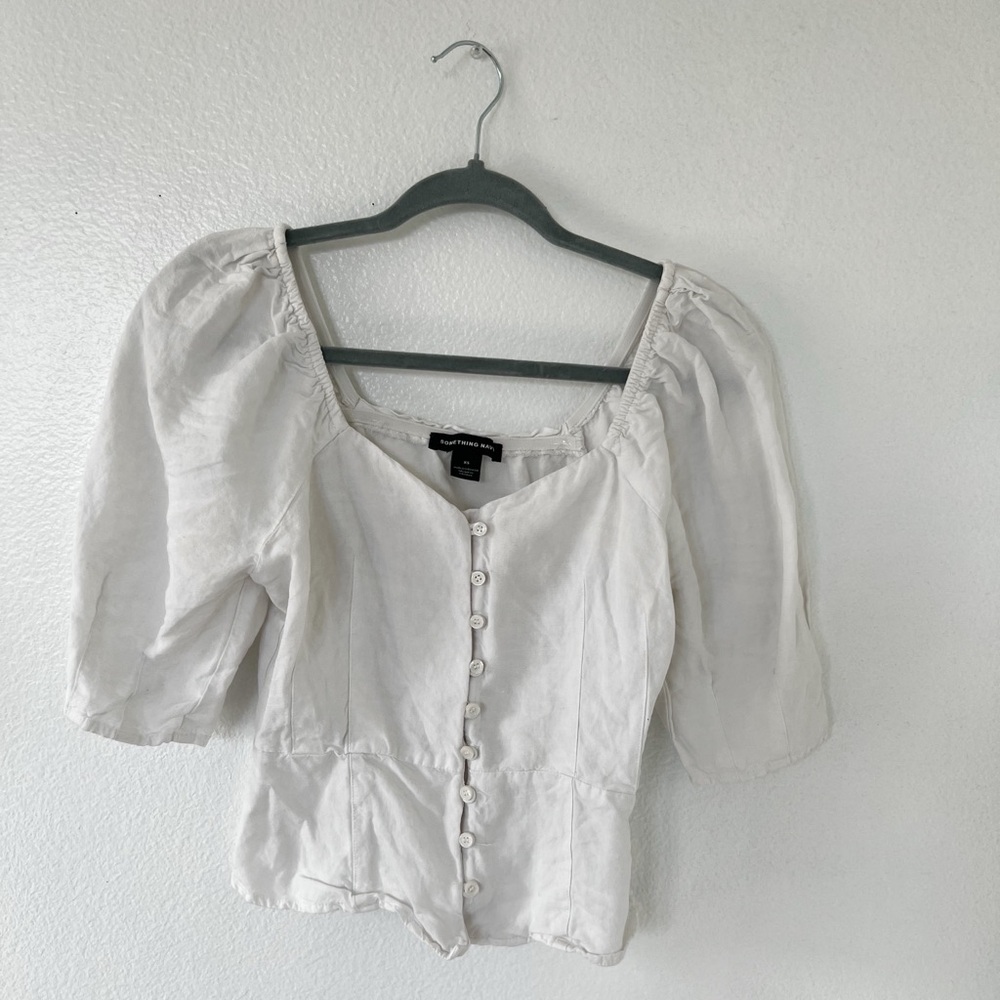 White Puff Sleeve Button-Up Top
